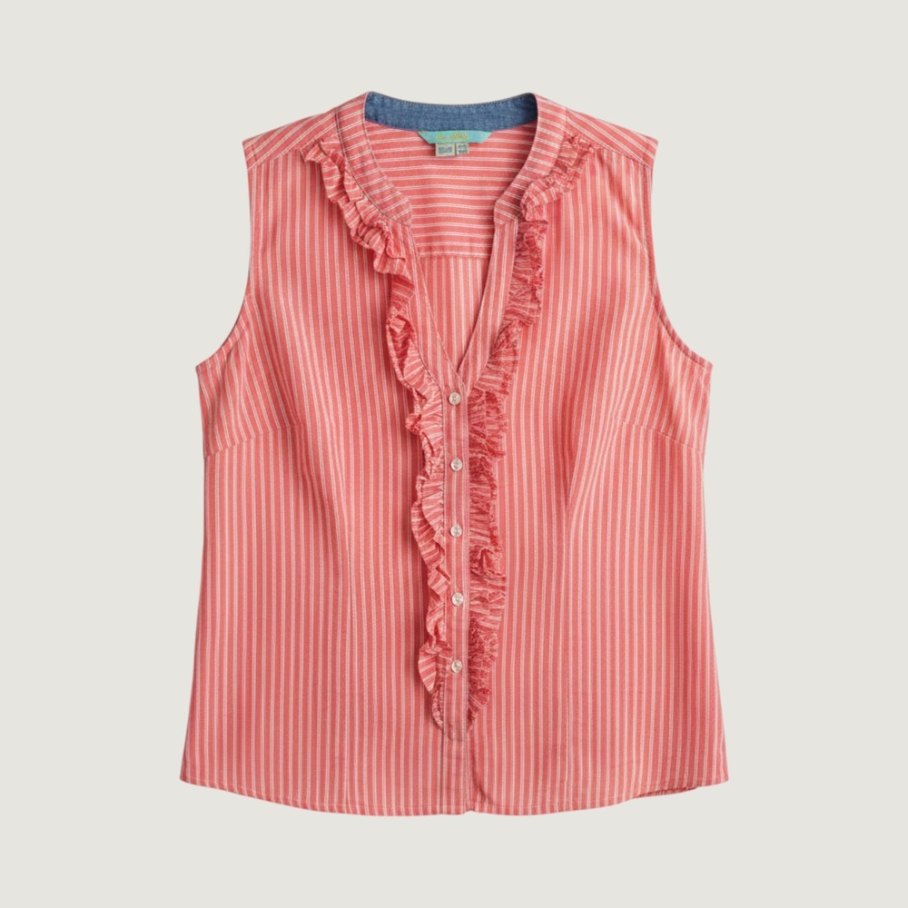 Boden sleeveless blouse coral red white pinstripe ruffle button placket